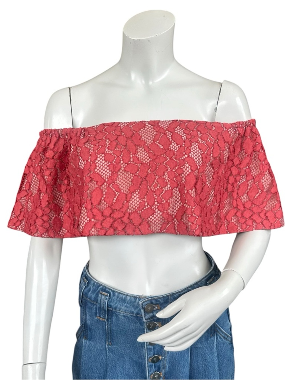 Alexis Taza Off Shoulder Cropped Dressy Flowy Blouse In Salmon Lace Size Medium